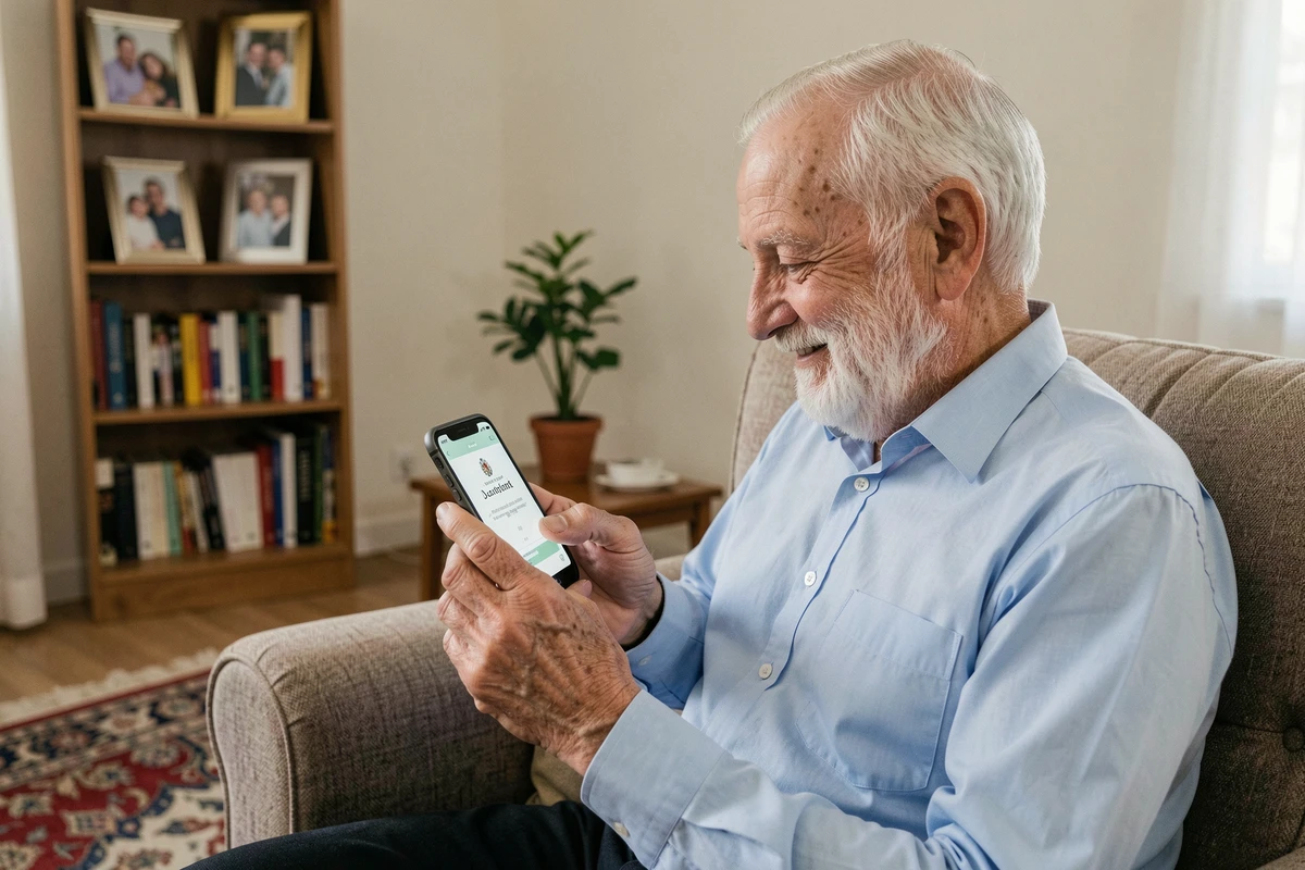 Un homme âgé isolé souriant en lisant un message de bon Ramadan sur son téléphone portable