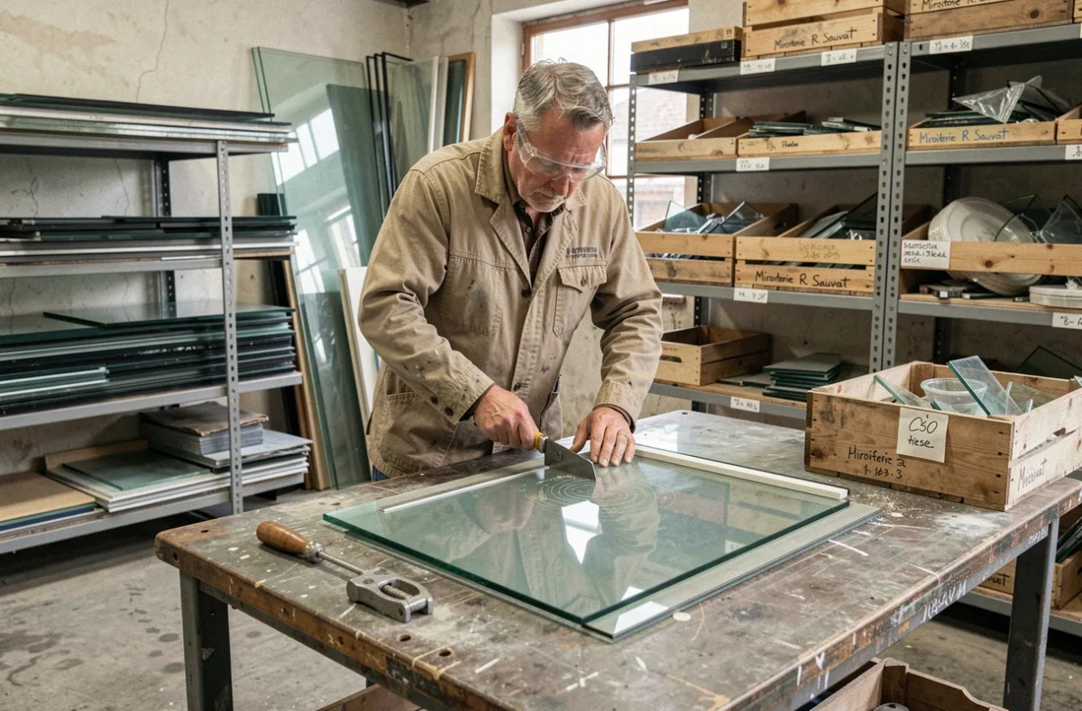 Vitrier coupant une feuille de verre sur une table professionnelle dans l'atelier authentique de la Miroiterie R. Sauvat à Marseille