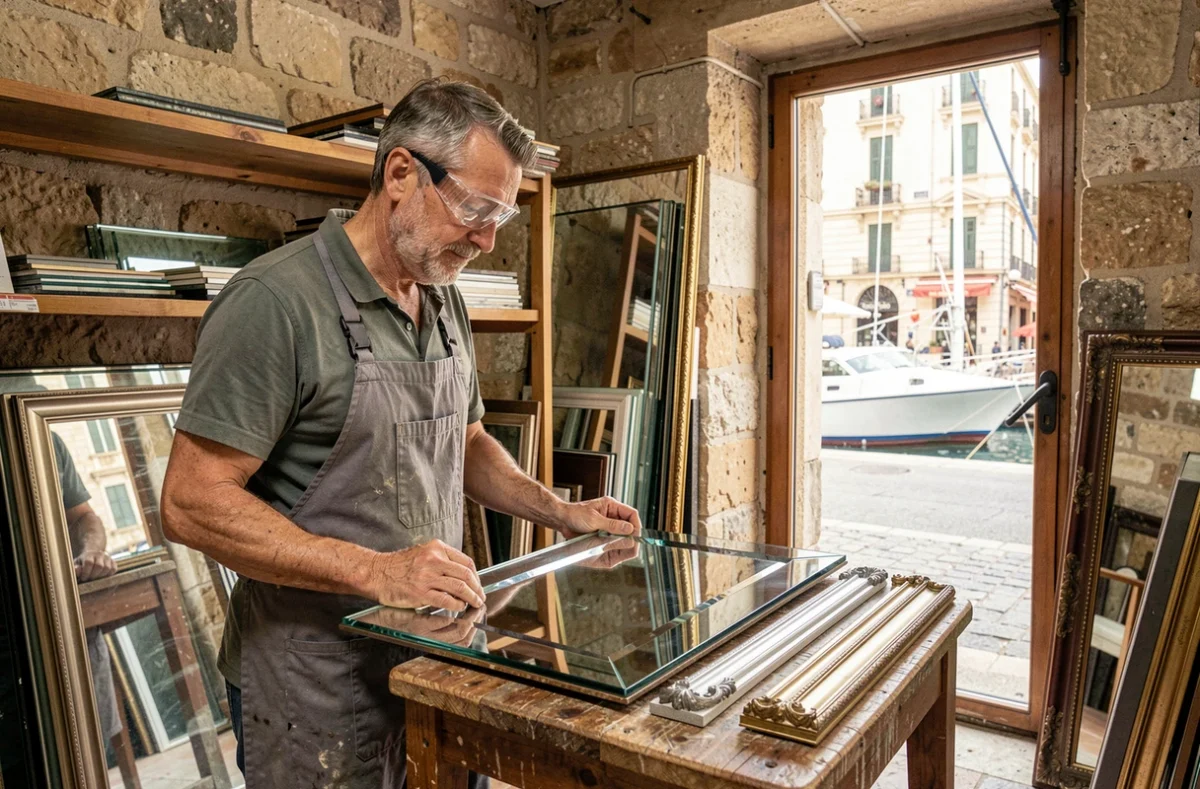 Maître vitrier examinant un miroir biseauté dans l'atelier artisanal de la Miroiterie du Vieux Port à Marseille