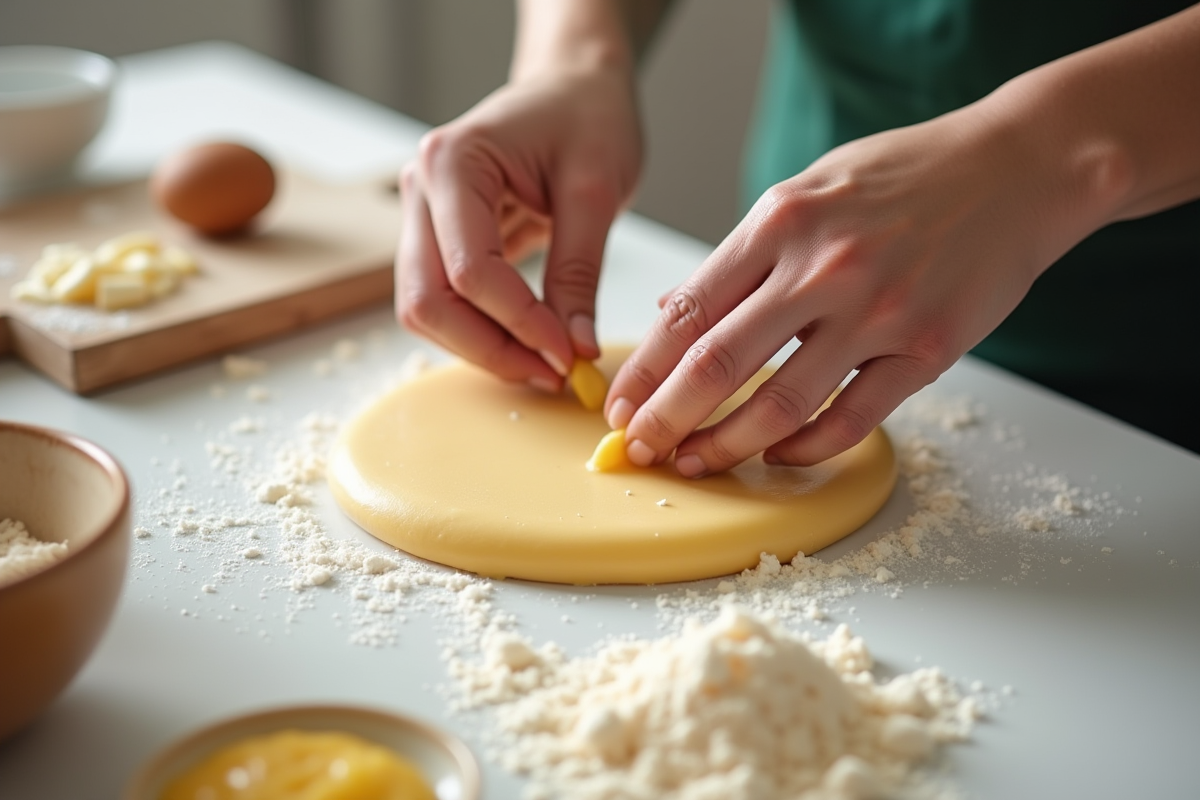Mains façonnant du marzipan dans la cuisine