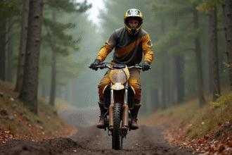 Jeune homme en motocross sur un sentier forestier