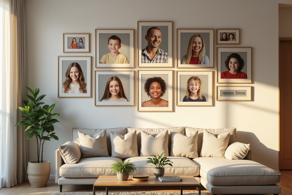 Mur de portraits de famille dans un salon contemporain