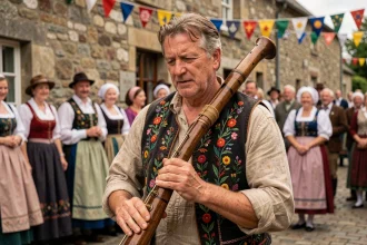 Musicien breton jouant de la bombarde lors d'un fest-noz traditionnel, vêtu d'un gilet brodé typique de la culture bretonne