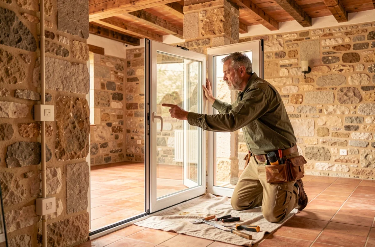 Artisan vitrier Olivier Martin installant un cadre de fenêtre double vitrage dans un appartement rénové au style provençal à Marseille
