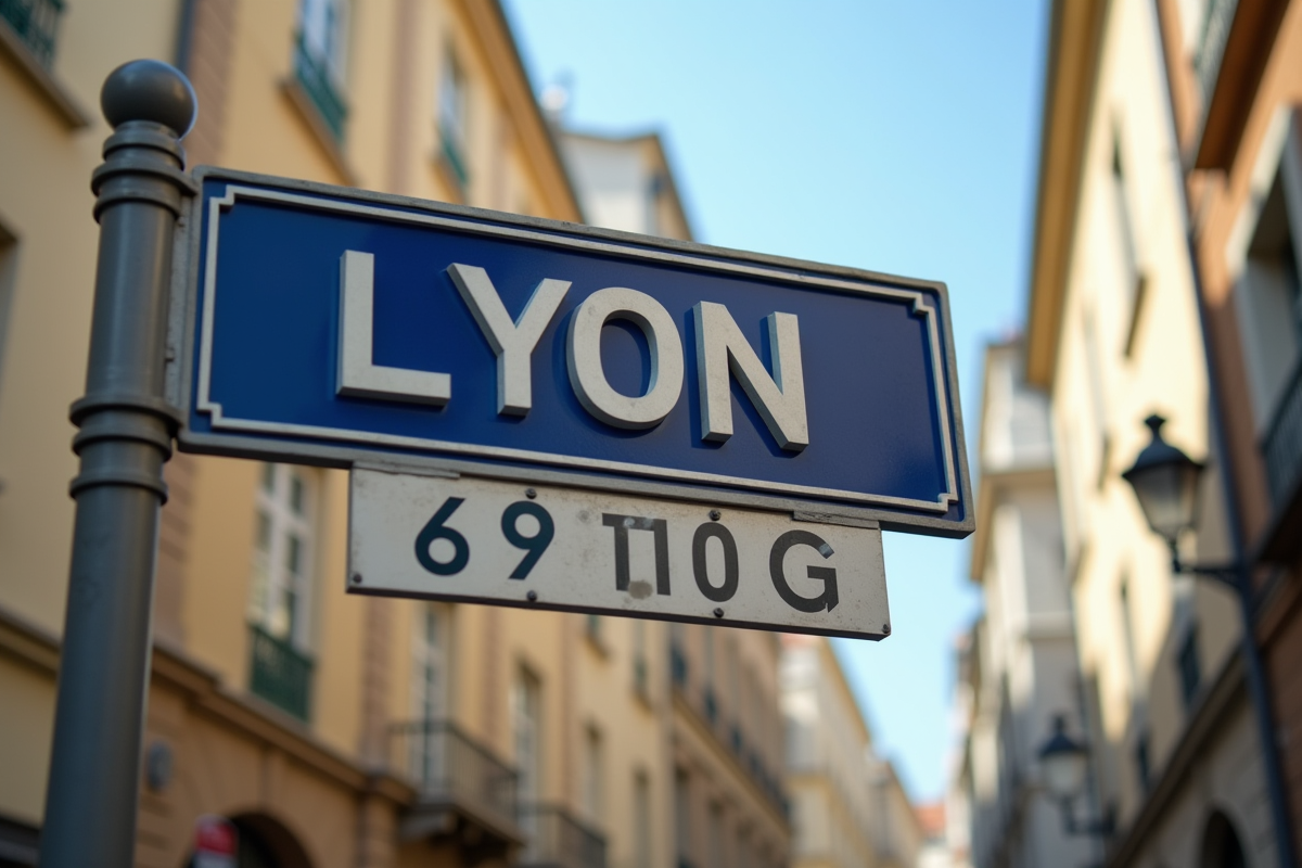 Panneau de rue moderne avec le nom de Lyon et le code postal 69000