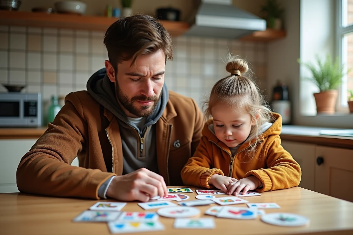 Père et fille regardant des autocollants dans la cuisine à la maison