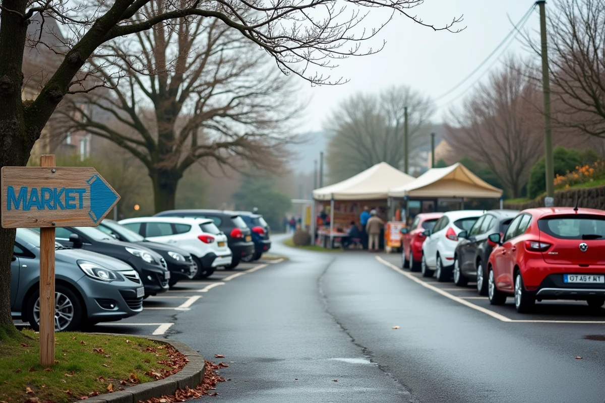 Parking municipal à proximité du marché de Plouguerneau avec signalisation et voitures garées un matin de marché