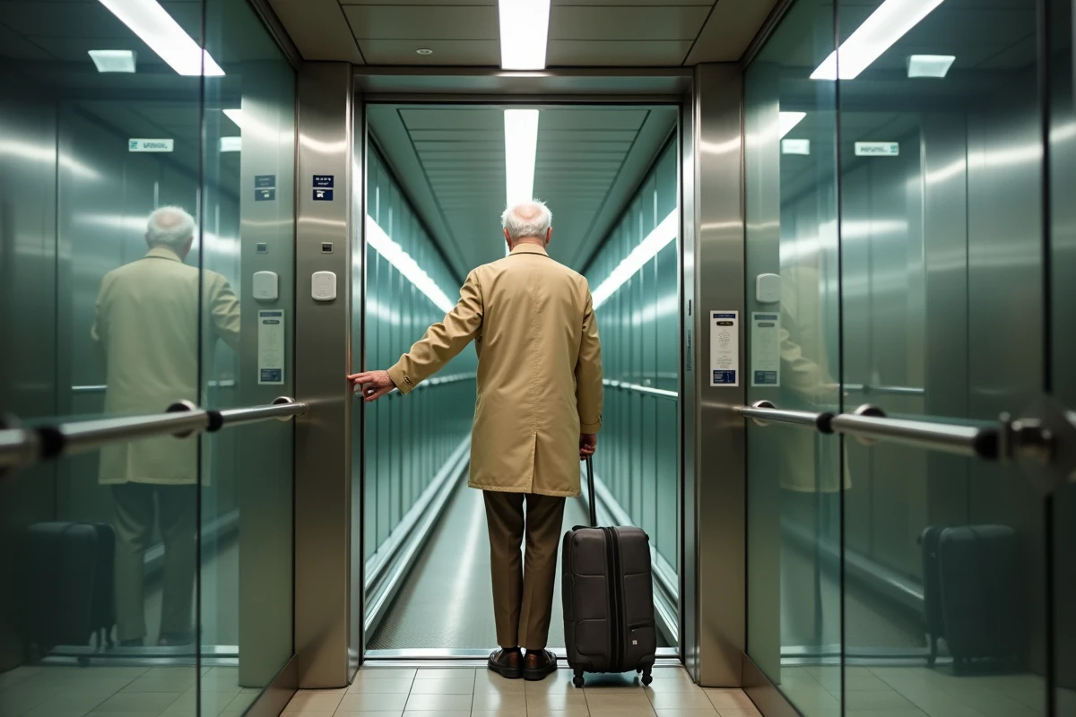 Personne âgée utilisant l'ascenseur accessible PMR dans une station du métro Ligne 14 à Paris