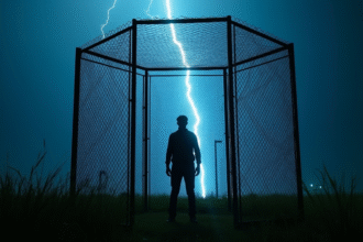 Personne dans un enclos métallique lors d'un orage avec éclair