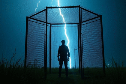 Personne dans un enclos métallique lors d'un orage avec éclair