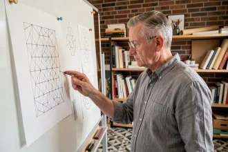 Photographe étudiant une impression en noir et blanc inspirée des illusions géométriques d'Escher dans un studio artistique