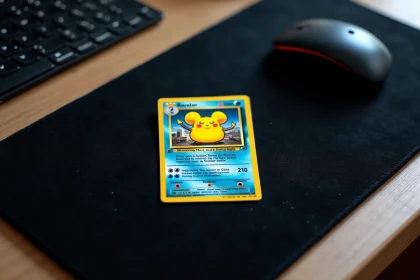 Carte Pikachu ex Étincelles Déferlantes avec erreur d'impression visible sur fond de velours noir, vue du dessus
