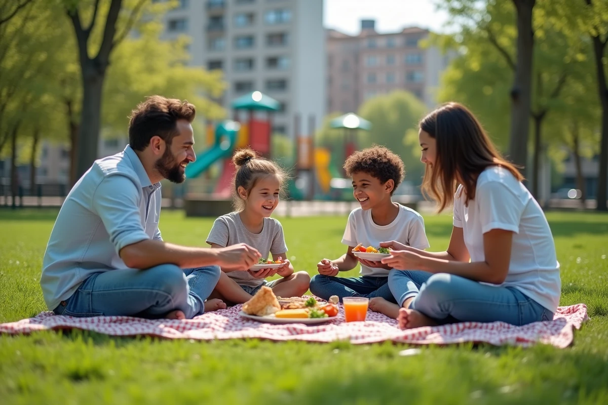 Famille multiculturelle partageant un pique-nique dans un parc urbain