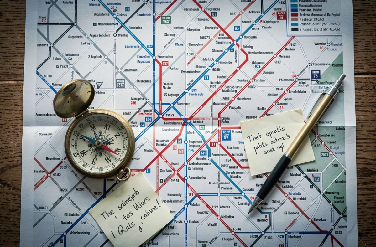 Vue aérienne d'un plan détaillé du réseau de bus Paris avec rues et accessoires de navigation