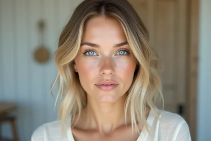 Portrait en gros plan d'une jeune femme aux yeux bleus clairs, illustrant la rareté croissante des yeux bleus dans la population mondiale