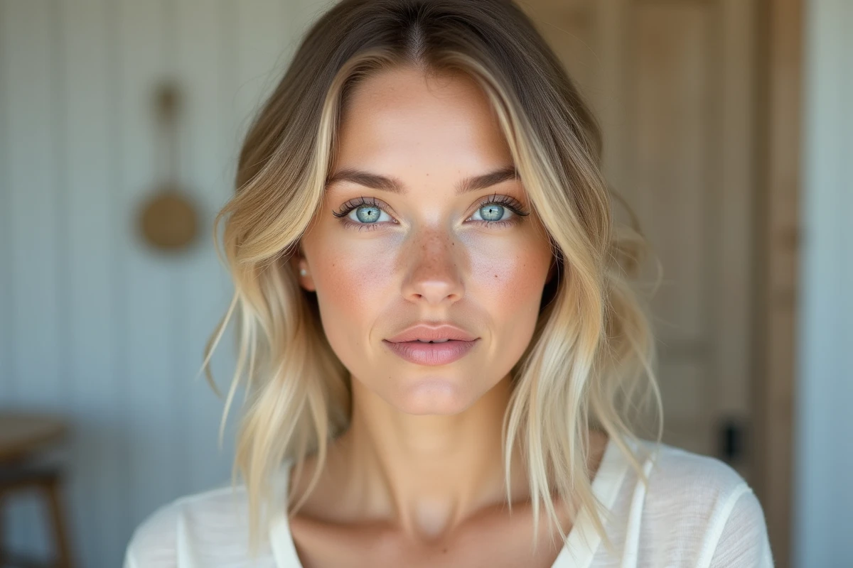 Portrait en gros plan d'une jeune femme aux yeux bleus clairs, illustrant la rareté croissante des yeux bleus dans la population mondiale