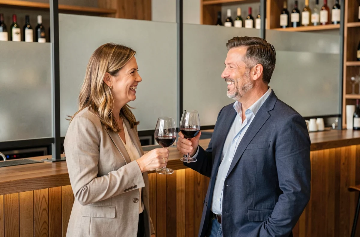 Premier rendez-vous entre adultes matures dans un bar à vins moderne après rencontre en ligne