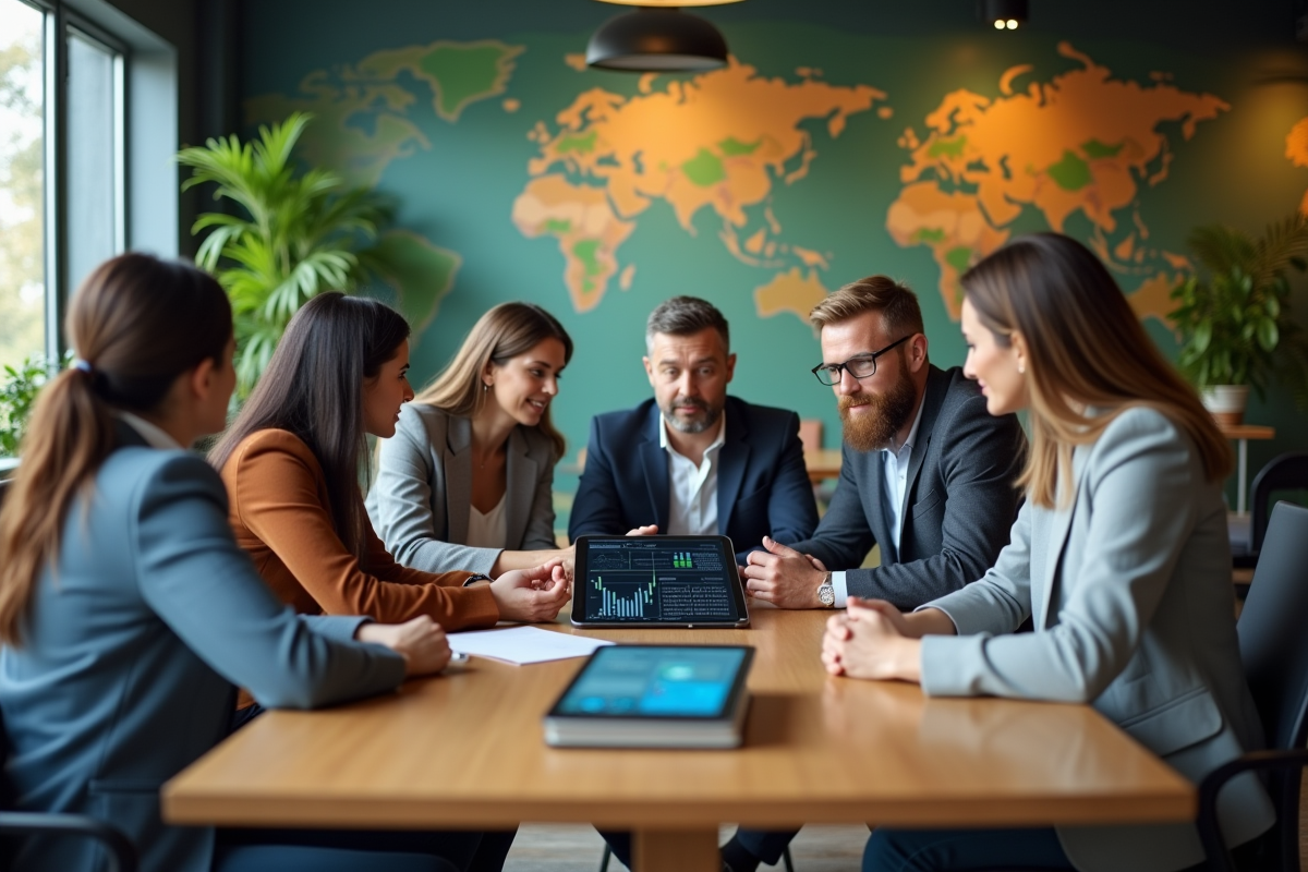 Groupe de professionnels discutant autour d'une table moderne