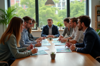 Groupe de professionnels discutant de graphiques écologiques