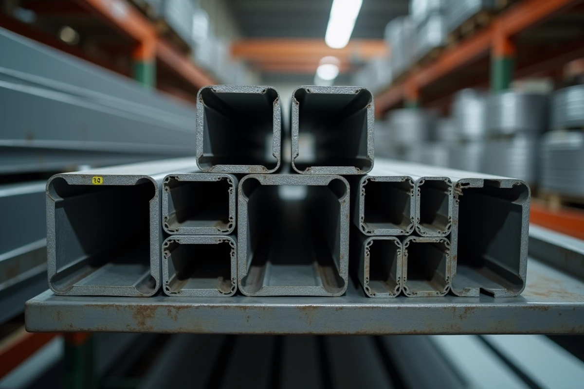 Gros plan sur des profilés en U en acier empilés sur un rack en magasin de vente au détail avec étiquettes de prix