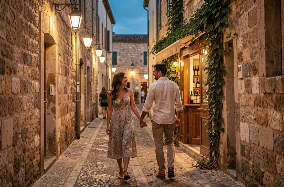 Couple se promenant main dans la main dans une ruelle pittoresque du vieux Toulon au coucher du soleil