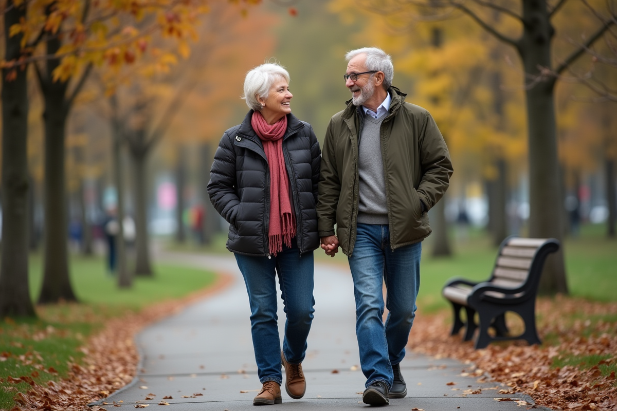 Couple âgé marchant dans un parc urbain en automne