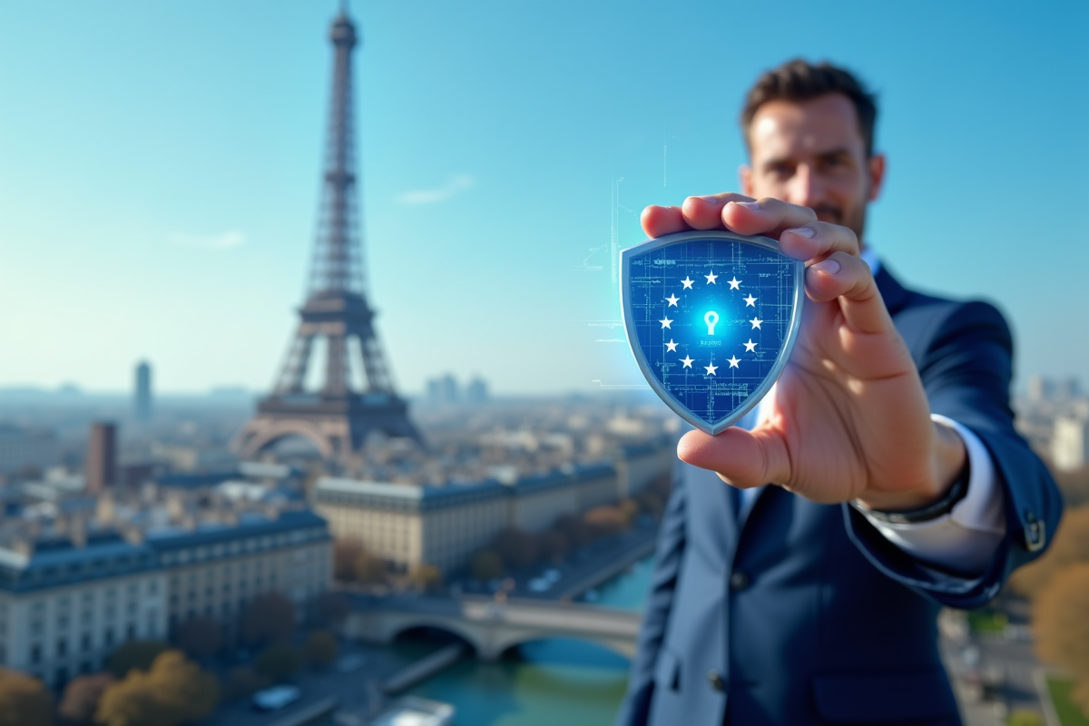Personne confiante tenant un bouclier numérique avec étoiles de l