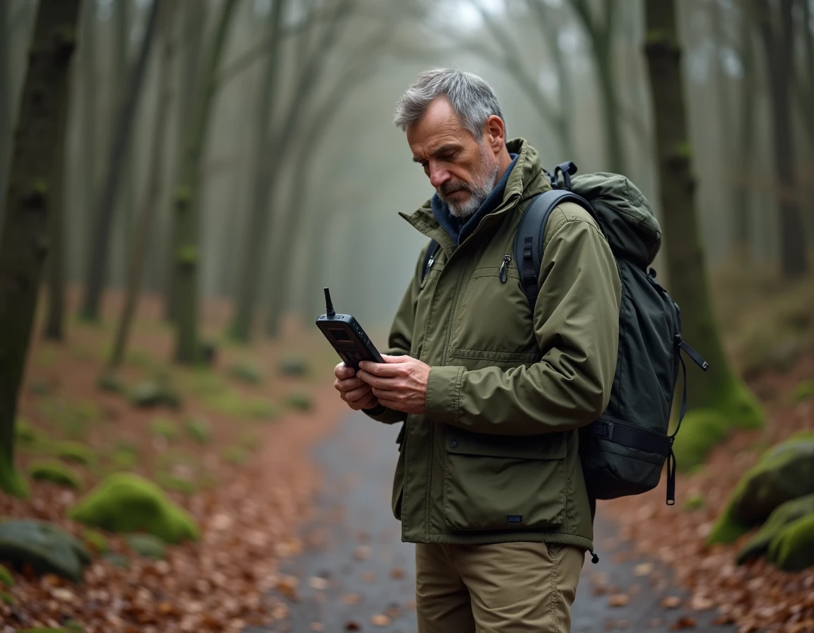 Randonneur tenant un appareil GPS portable sur un sentier forestier en automne