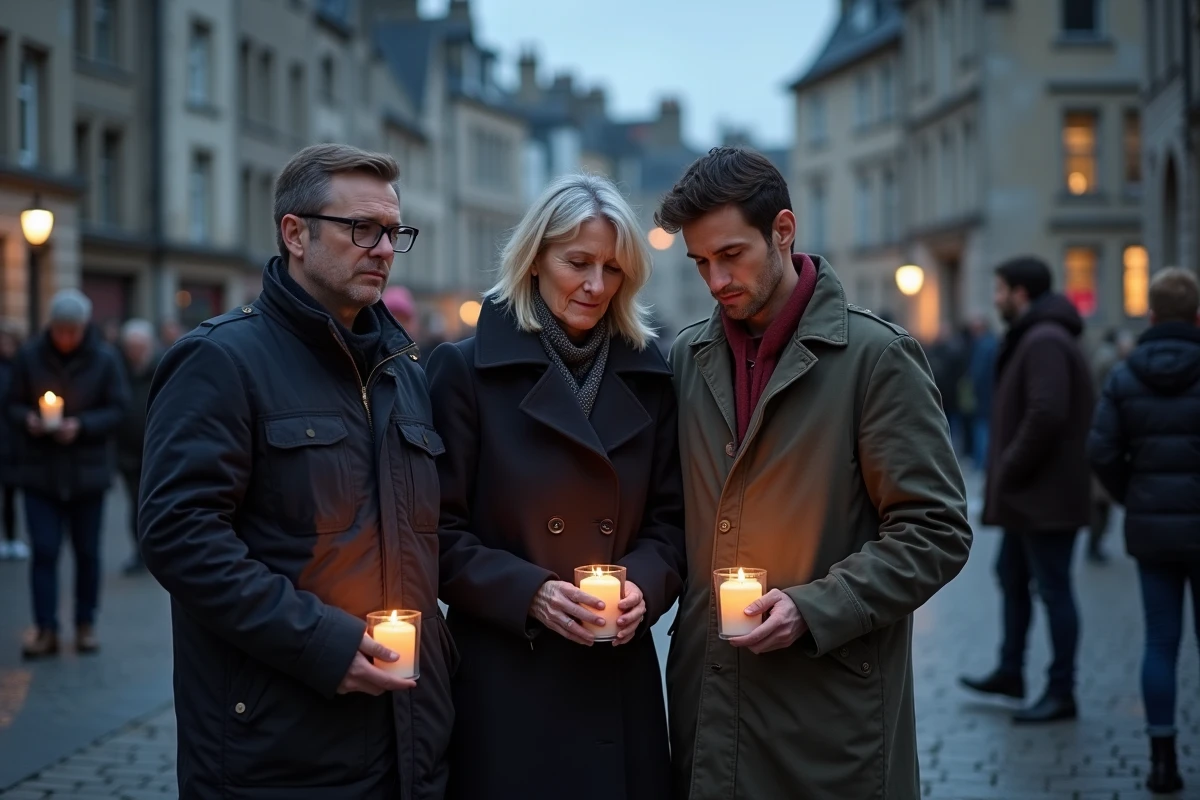 Habitants de Caen rassemblés sur une place publique tenant des bougies lors d'un hommage collectif après un drame