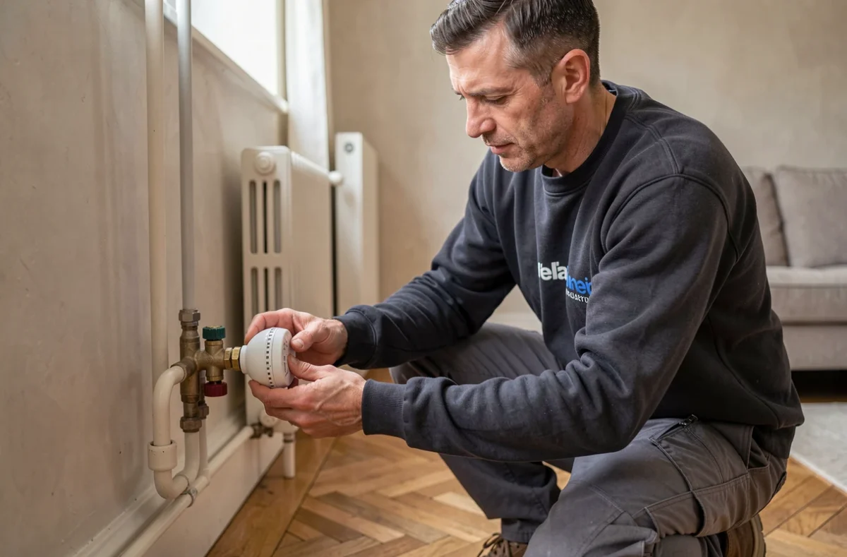 Un spécialiste de Régitherm règle des robinets thermostatiques sur un radiateur dans un salon de la Meuse