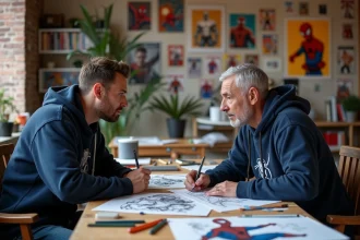 Deux artistes de bande dessinée représentant une relation mentor-élève autour d'une table de travail couverte de croquis Spider-Man dans un atelier créatif