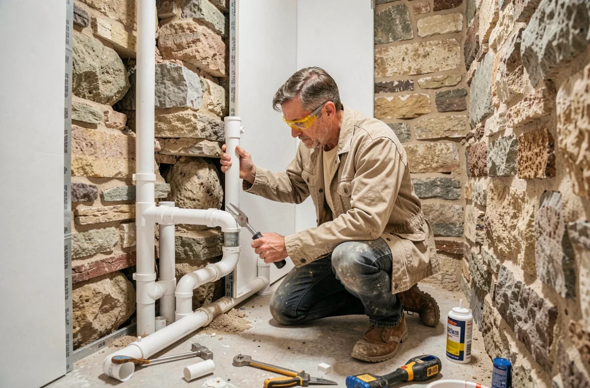 Un plombier de Renovbat pose des tuyaux PVC dans une salle de bain en rénovation complète dans la Meuse