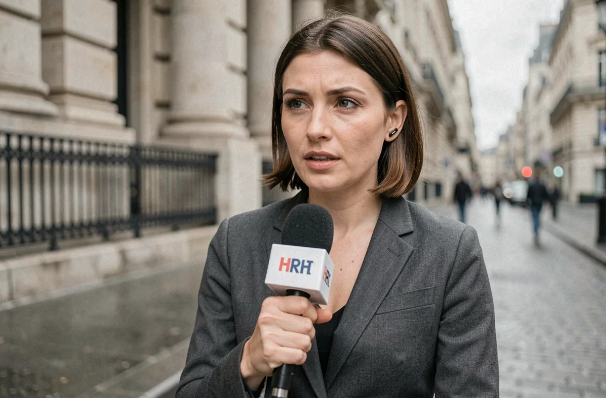 Journaliste reporter en direct devant un bâtiment parisien tenant un micro de télévision lors d'un reportage extérieur