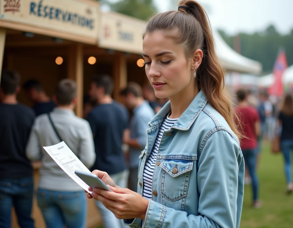 Jeune femme consultant le programme des Vieilles Charrues devant un guichet de réservation
