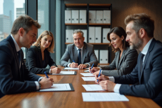 Groupe de professionnels signant des documents dans un bureau moderne