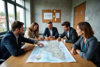 Réunion de concertation territoriale autour d'un projet d'énergie partagée, groupe de citoyens et élus discutant d'une carte de territoire