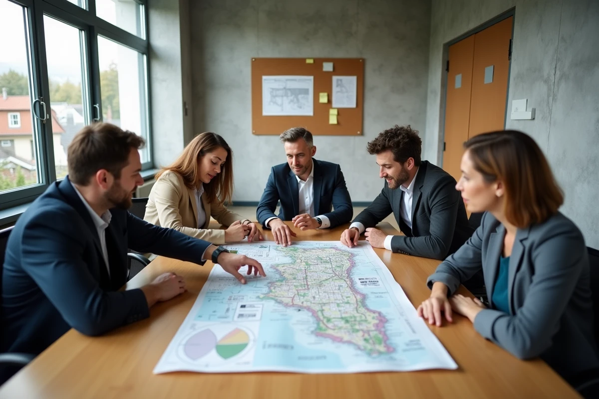Réunion de concertation territoriale autour d'un projet d'énergie partagée, groupe de citoyens et élus discutant d'une carte de territoire