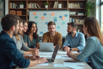 Groupe de professionnels en réunion dans un bureau moderne