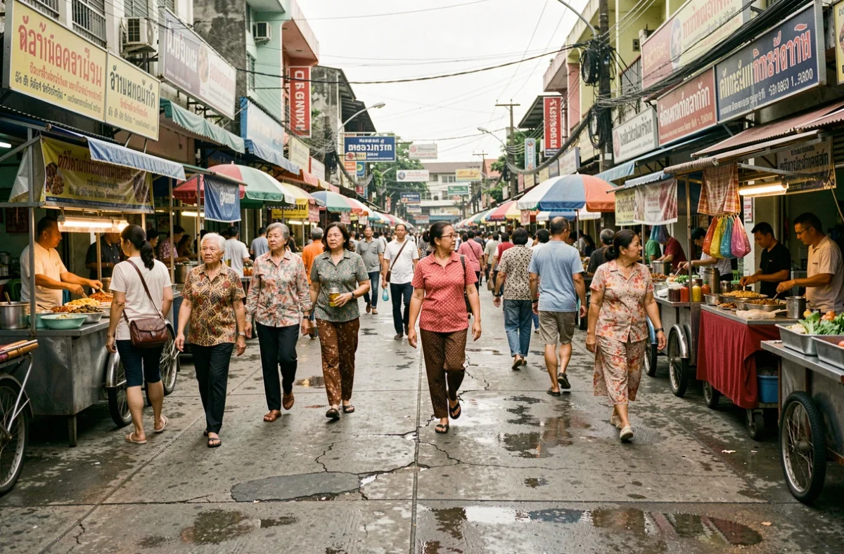 Rue animée de Bangkok avec une foule dense de piétons thaïlandais illustrant la densité de population de la ville