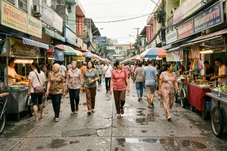 Rue animée de Bangkok avec une foule dense de piétons thaïlandais illustrant la densité de population de la ville