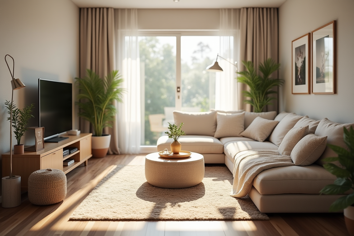 Salon chaleureux avec lumiere naturelle et decor douillet