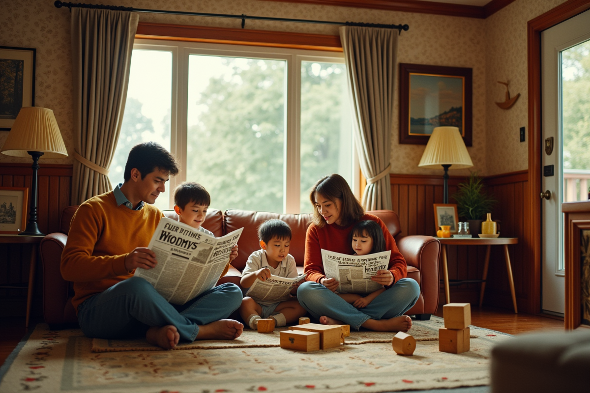 Famille dans salon vintage des années 70