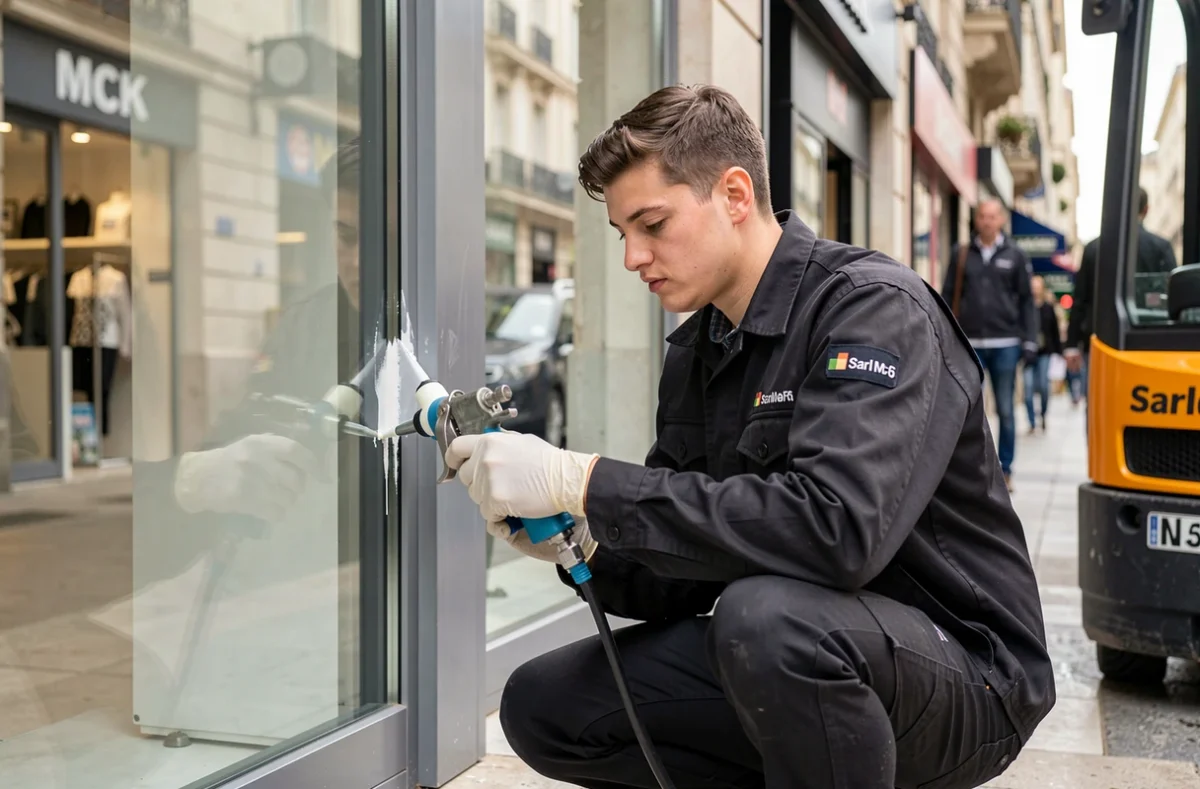 Technicien de la Sarl Mc5 appliquant du silicone sur une devanture en verre aluminium dans une rue commerciale de Marseille