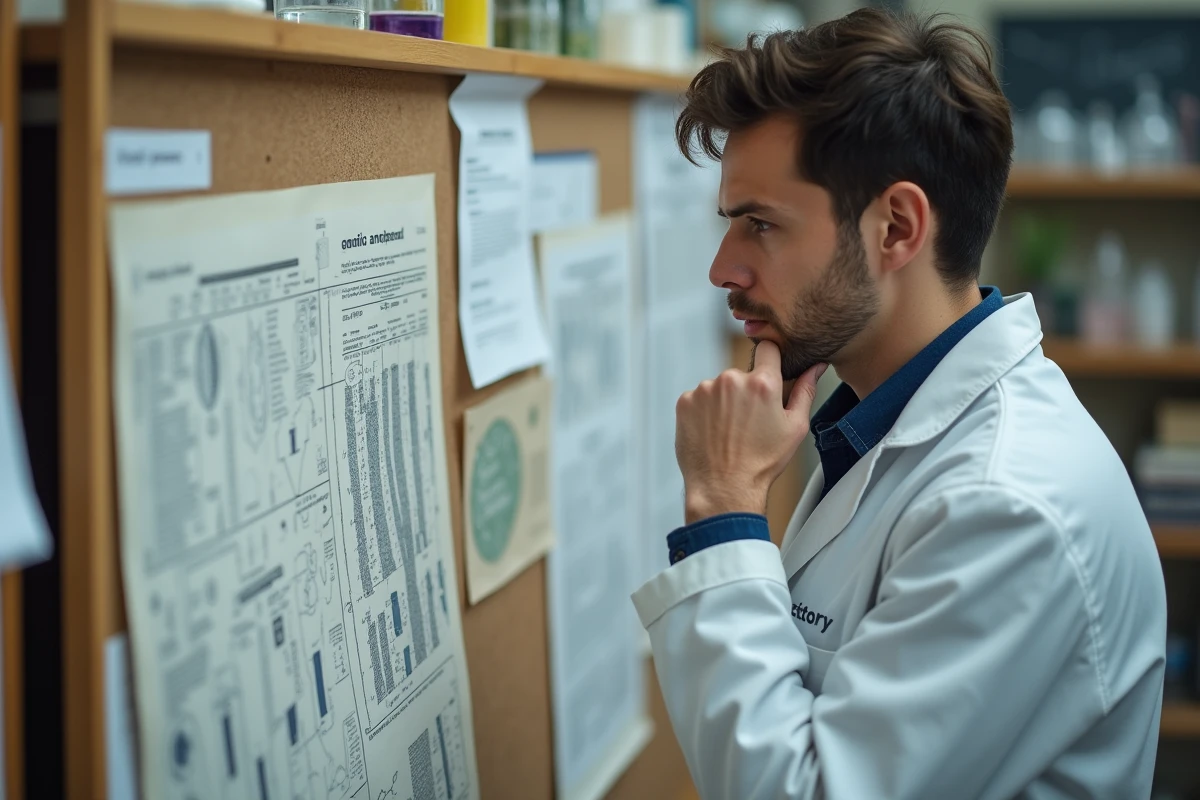 Scientifique en laboratoire étudiant une carte génétique de la pigmentation oculaire, symbolisant la recherche sur la diminution des yeux bleus dans la population mondiale