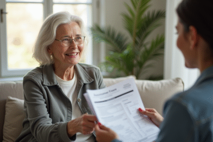 Femme senior souriante recevant des documents financiers