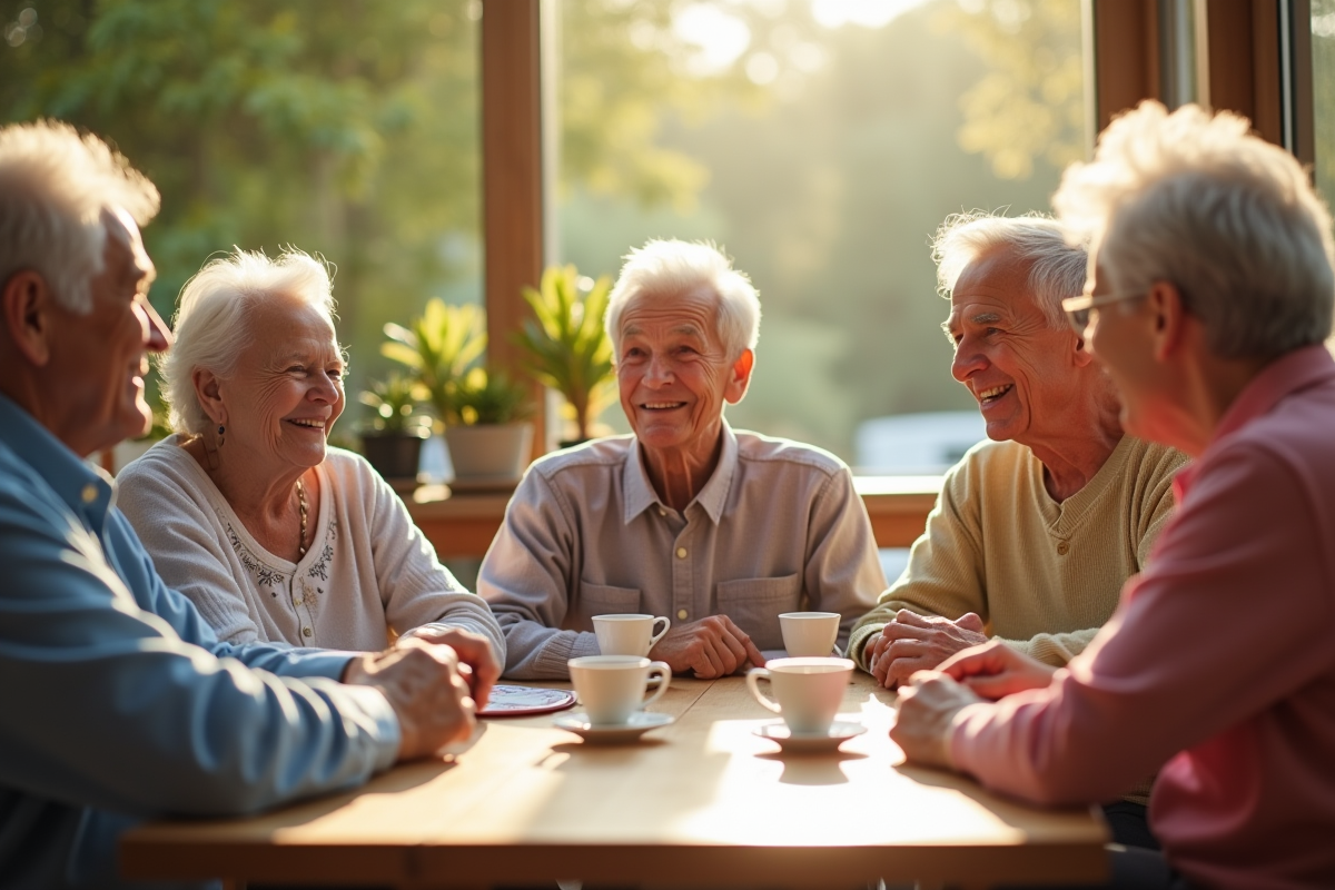 Groupe de seniors discutant et riant ensemble