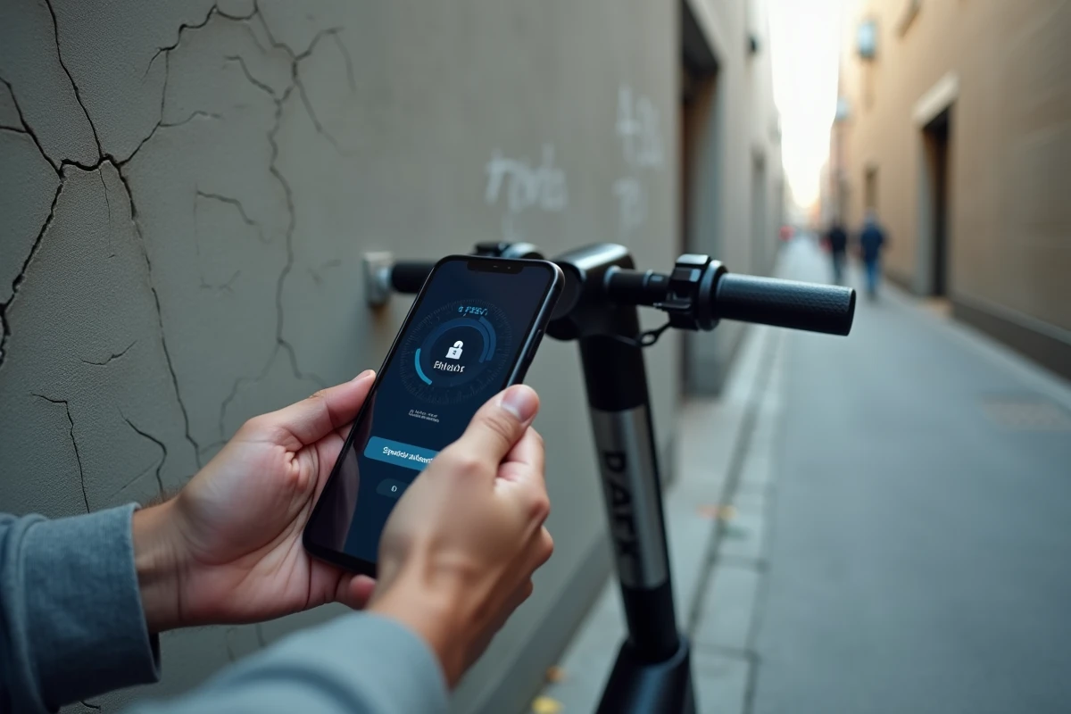 Mains tenant un smartphone affichant une application de débridage à côté du port Bluetooth d'une trottinette électrique