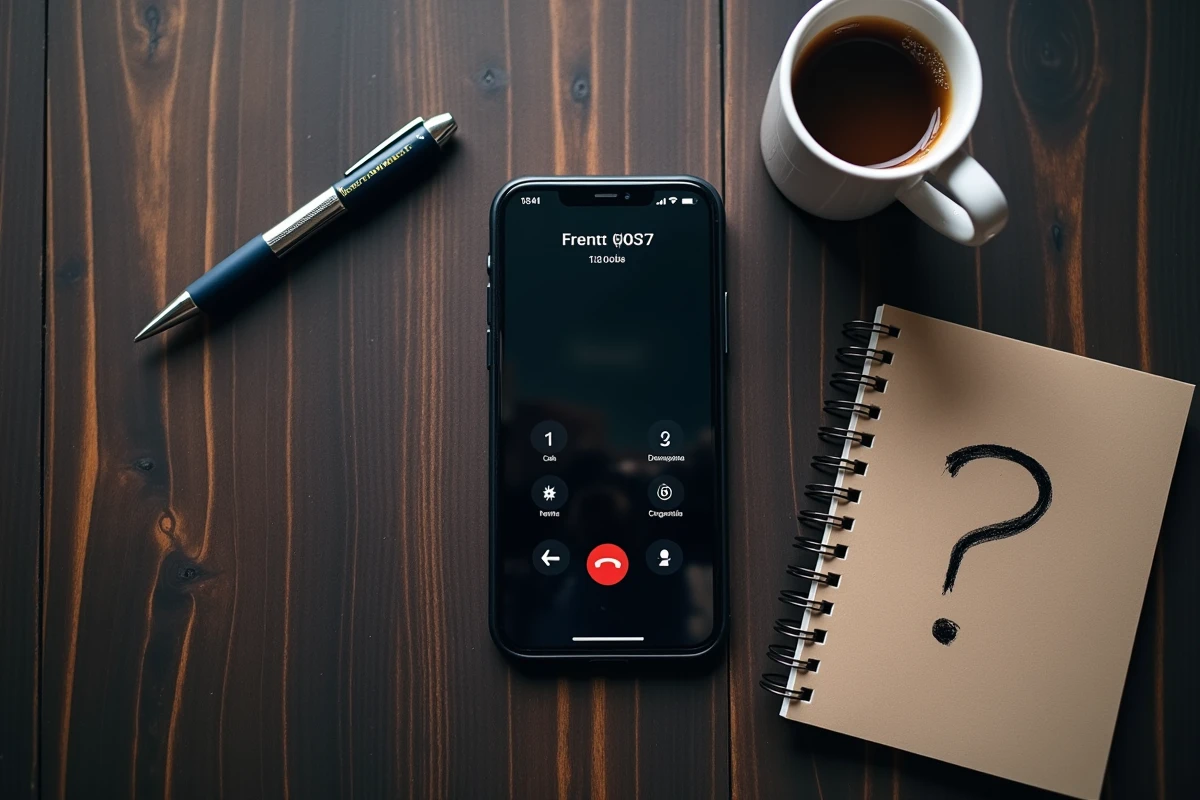 Vue aérienne d'un smartphone affichant un numéro inconnu posé sur un bureau en bois avec un bloc-notes et un point d'interrogation