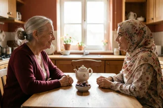 Une femme âgée et une jeune femme voilée se saluent chaleureusement autour d'une table pour le Ramadan