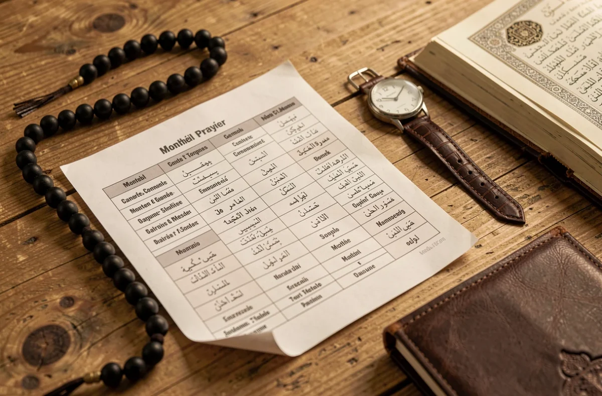 Tableau imprimable des horaires de prière mensuel posé sur une table avec chapelet et Coran à Grenoble